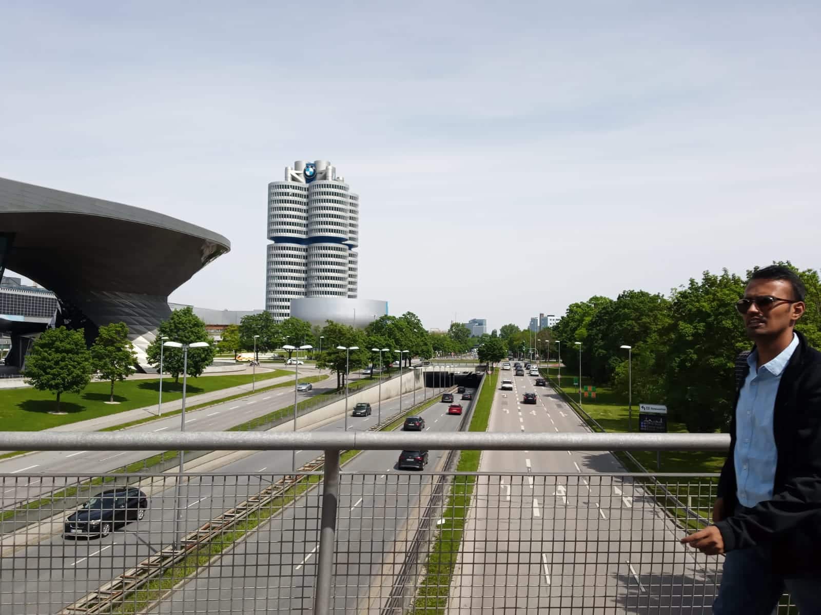 Munich with caption of BMW Museum in background from the highway.